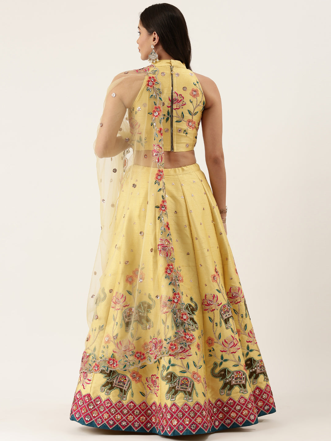 Women's Yellow Pure Silk Mirror Work Lehenga & Blouse With Dupatta - Royal Dwells