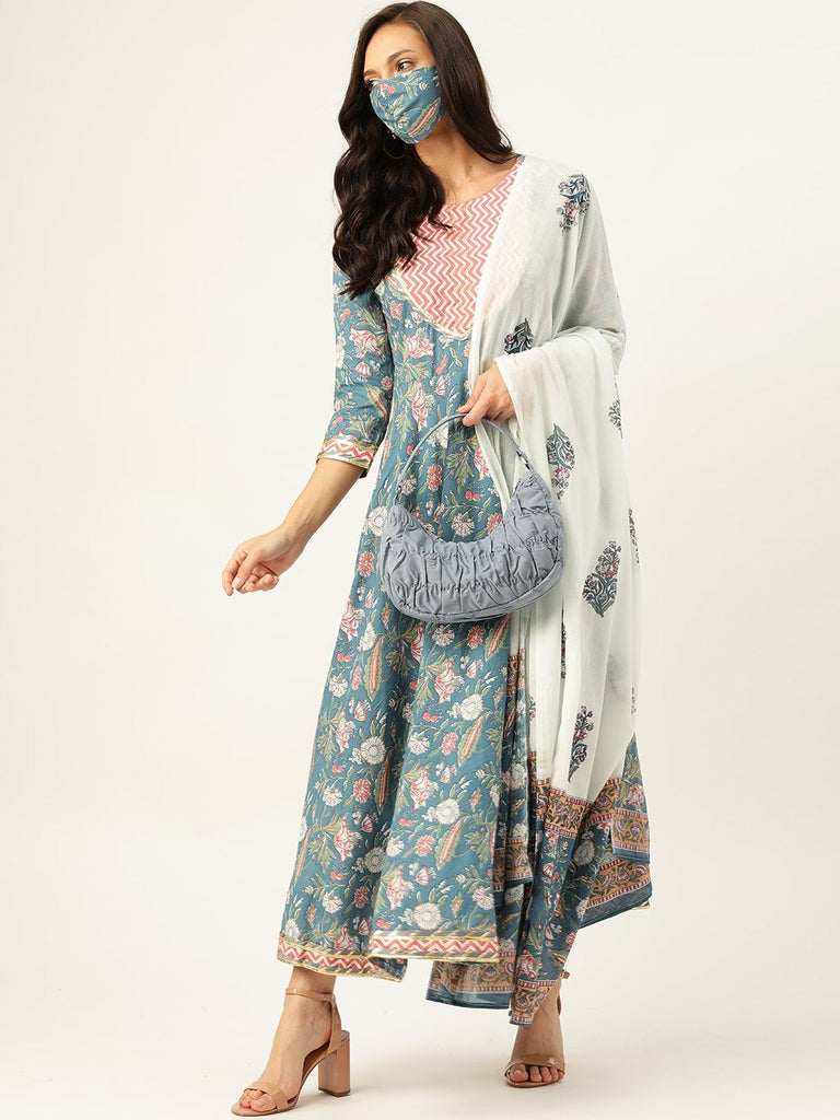 Women's Blue Cotton Gotta Work Anarkali With Dupatta