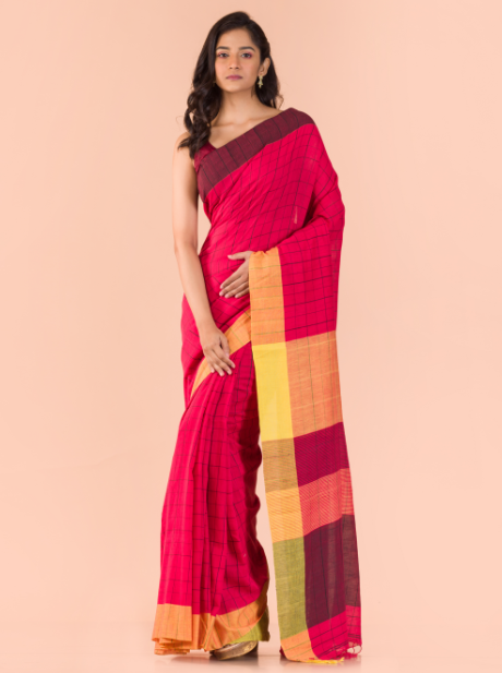 Women's Red cotton Handwoven saree - Angoshobha