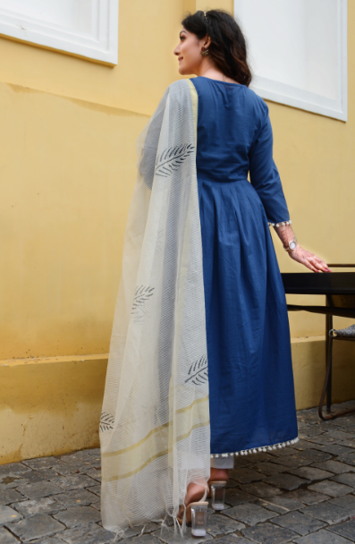 Women's Blue Block Printed A-line Kurta Set With Dupatta- (3pc) - Indi Inside