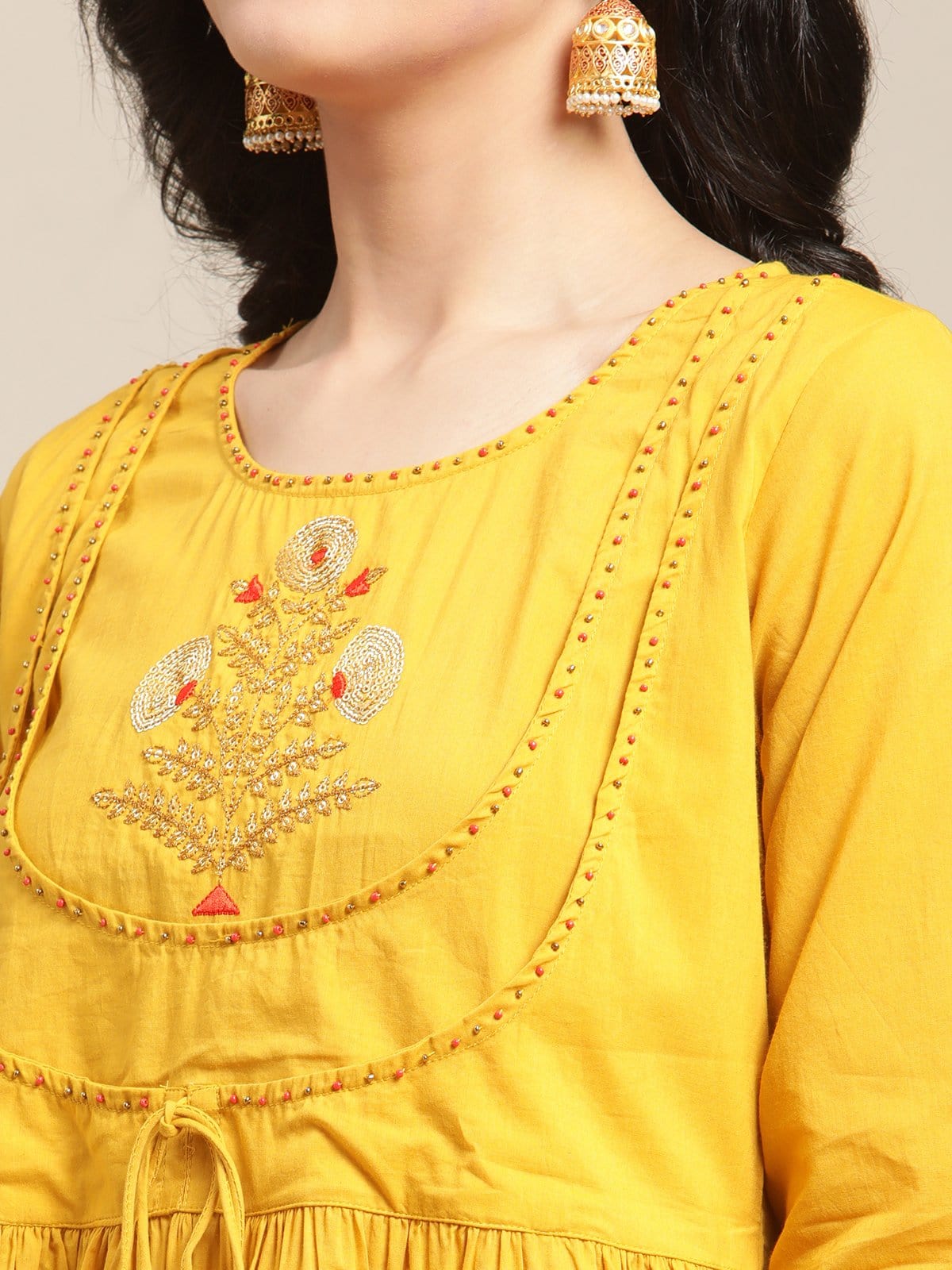 Women's Mustard Sequins Embroidery Anarkali Kurta With Rust And Olive Bandhej Silk Dupatta - Varanga