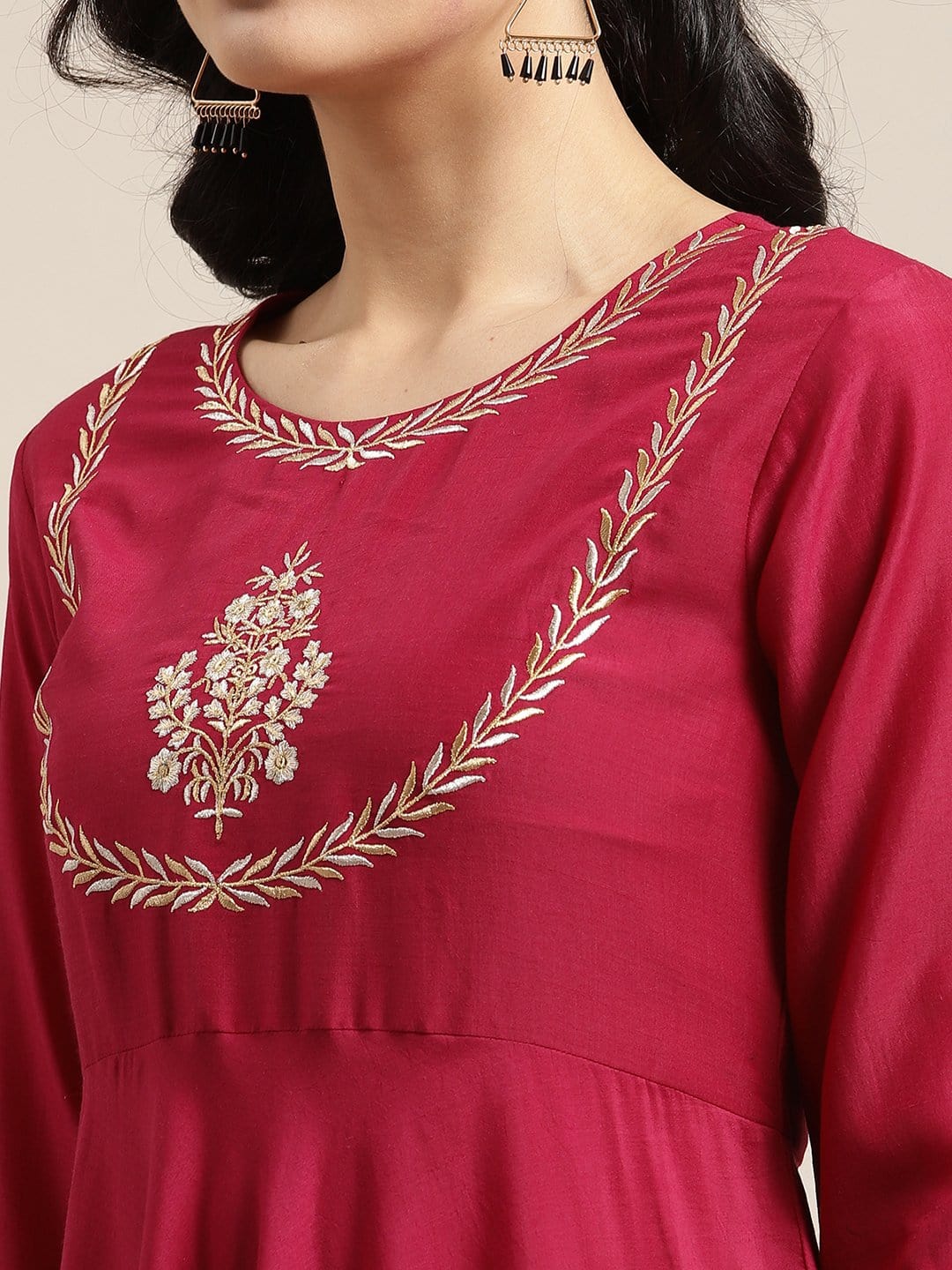 Women's Magenta And Gold Anarkali, Solid Kurta With Zari Work On Yoke And Paired With Gold Pant And Heavy Gota Embroidered Dupatta - Varanga