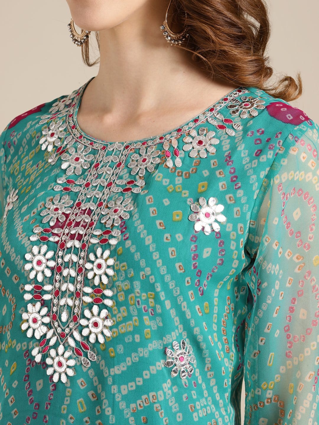 Women's Turquoise Blue And Pink Gota Patti Embroidery Embellished Kurta - Varanga