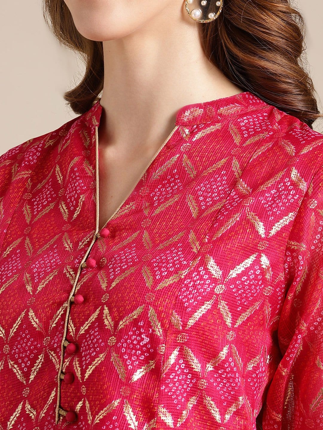 Women's Fuchsia And Gold Bandhej Foil Printed Anarkali Kurta With 3/4Th Sleeves - Varanga