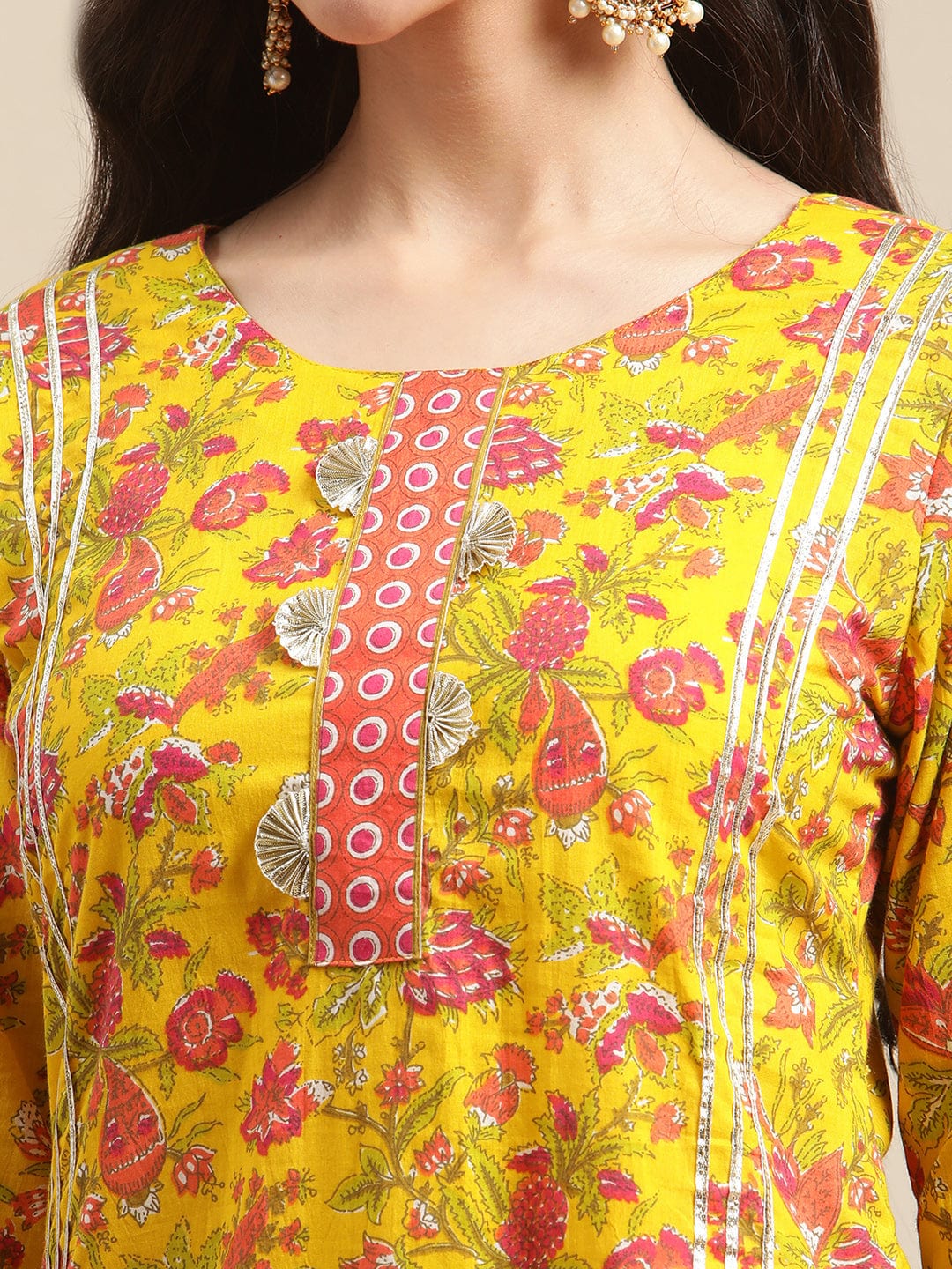 Women's Mustard Floral Gota Embellished Printed Kurta Sharara Set With Pink Tie N Dye Dupatta - Varanga