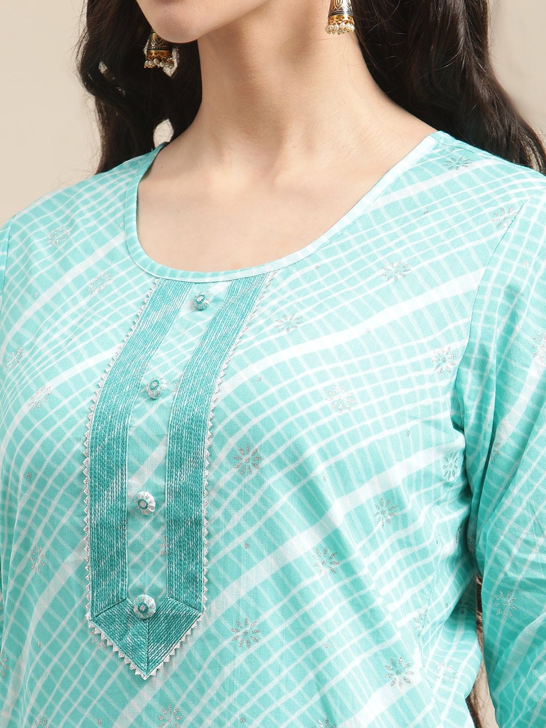 Women's Blue And White Leheriya Striped Kurta With Gota And Thread Embroidery On Yoke - Varanga