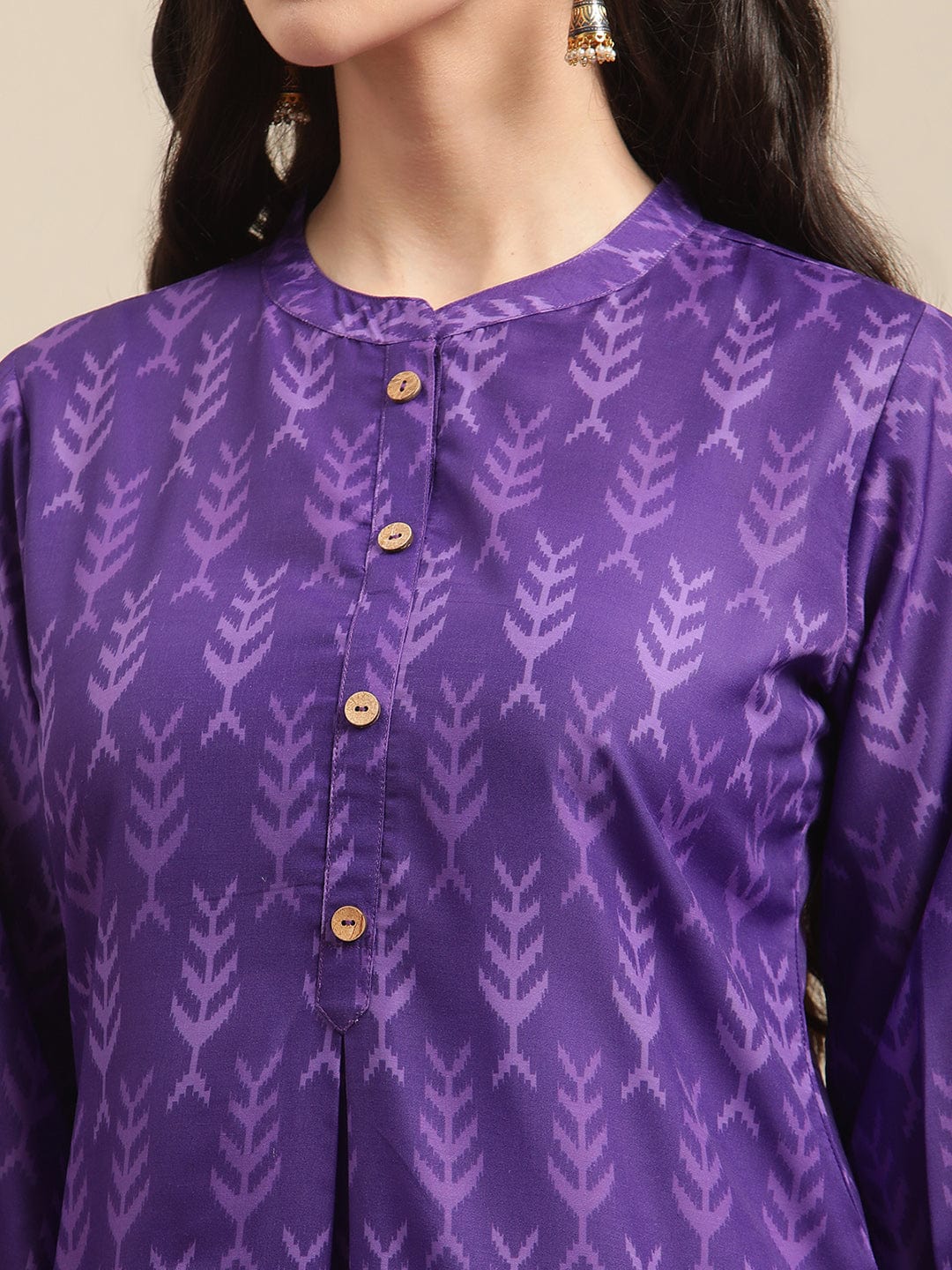 Women's Purple Ikat Printed Kurta Straight Kurta - Varanga