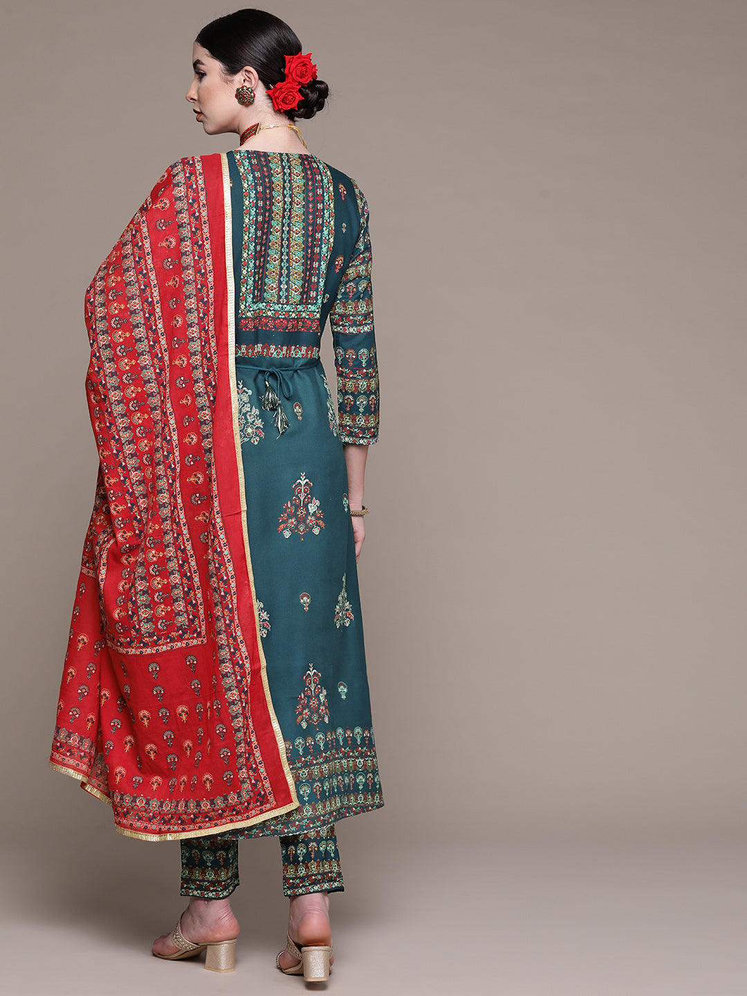 Women Teal Green Printed Kurta with Palazzos & Dupatta