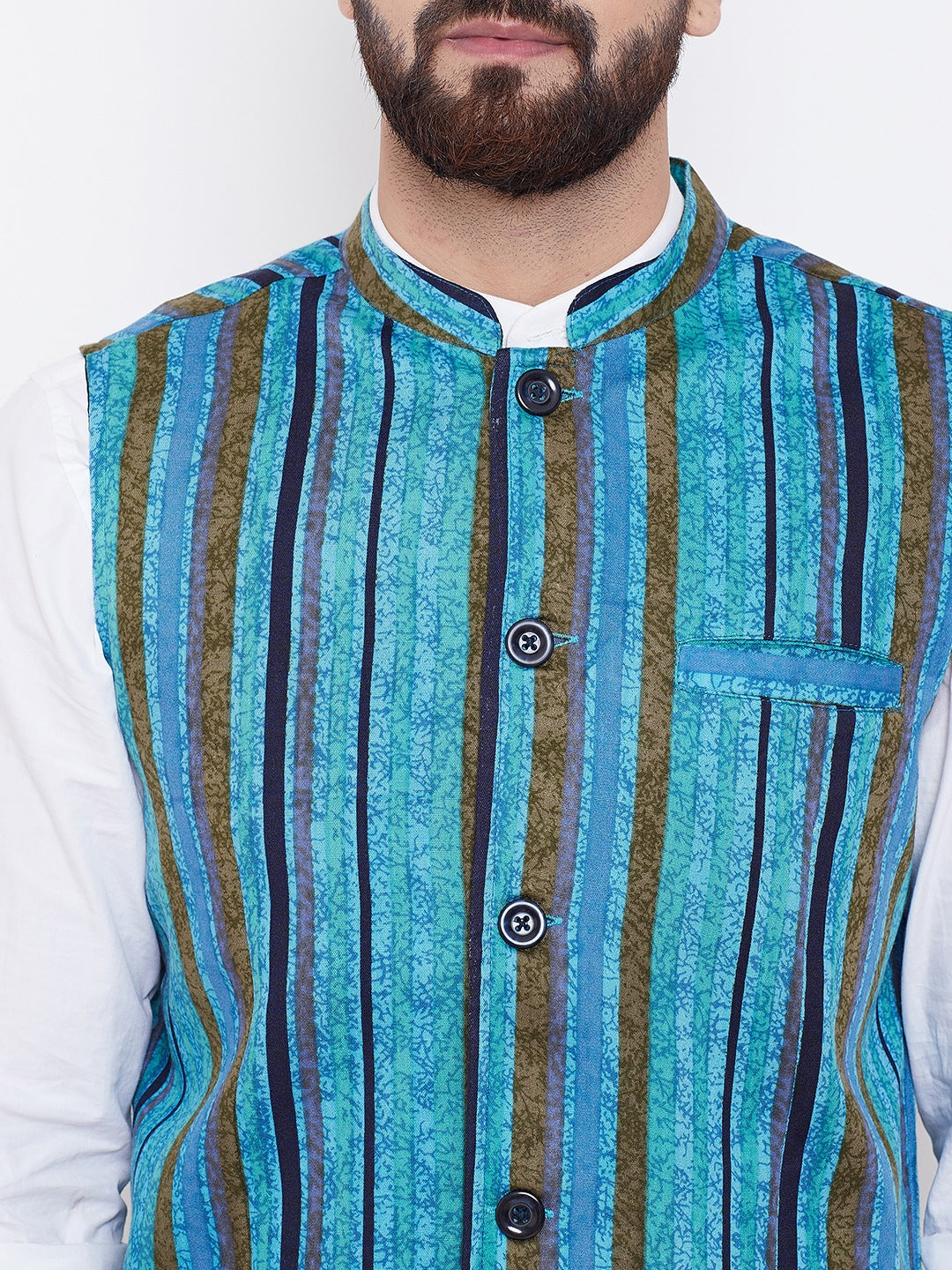 Men's Blue Striped Nehru Jacket  - Even Apparels