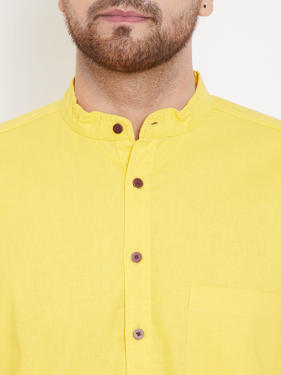 Men's Cotton Solid Yellow Kurta