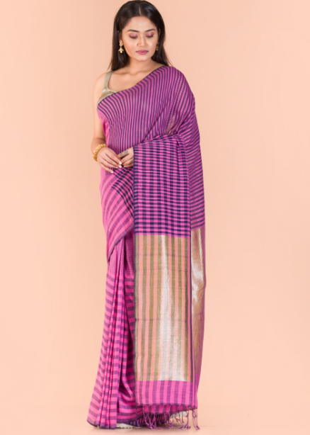 Women's Multicolor handwoven cotton saree - Angoshobha
