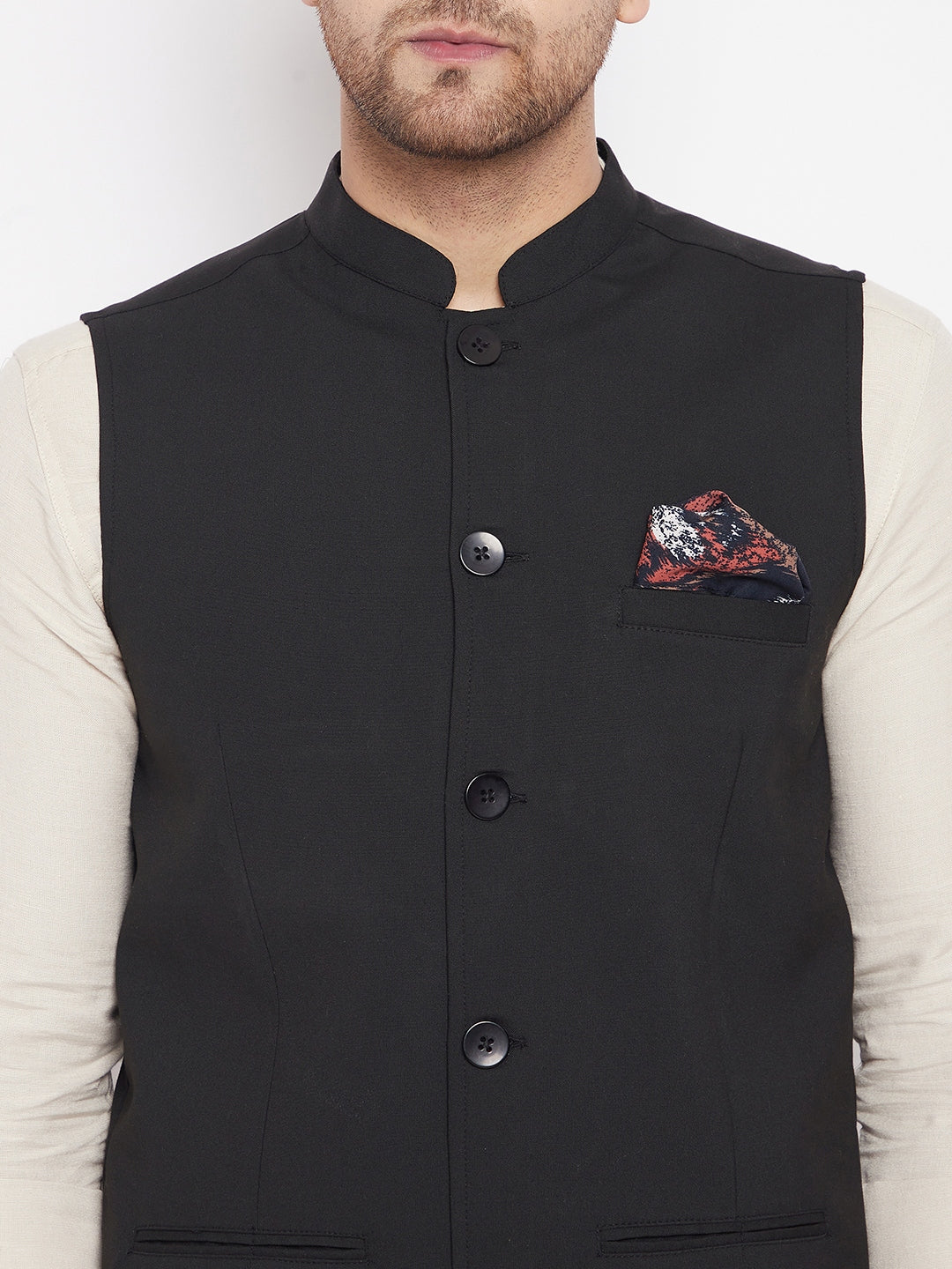Men's Black Color Nehru Jacket-Contrast Lining-Inbuilt Pocket Square - Even Apparels
