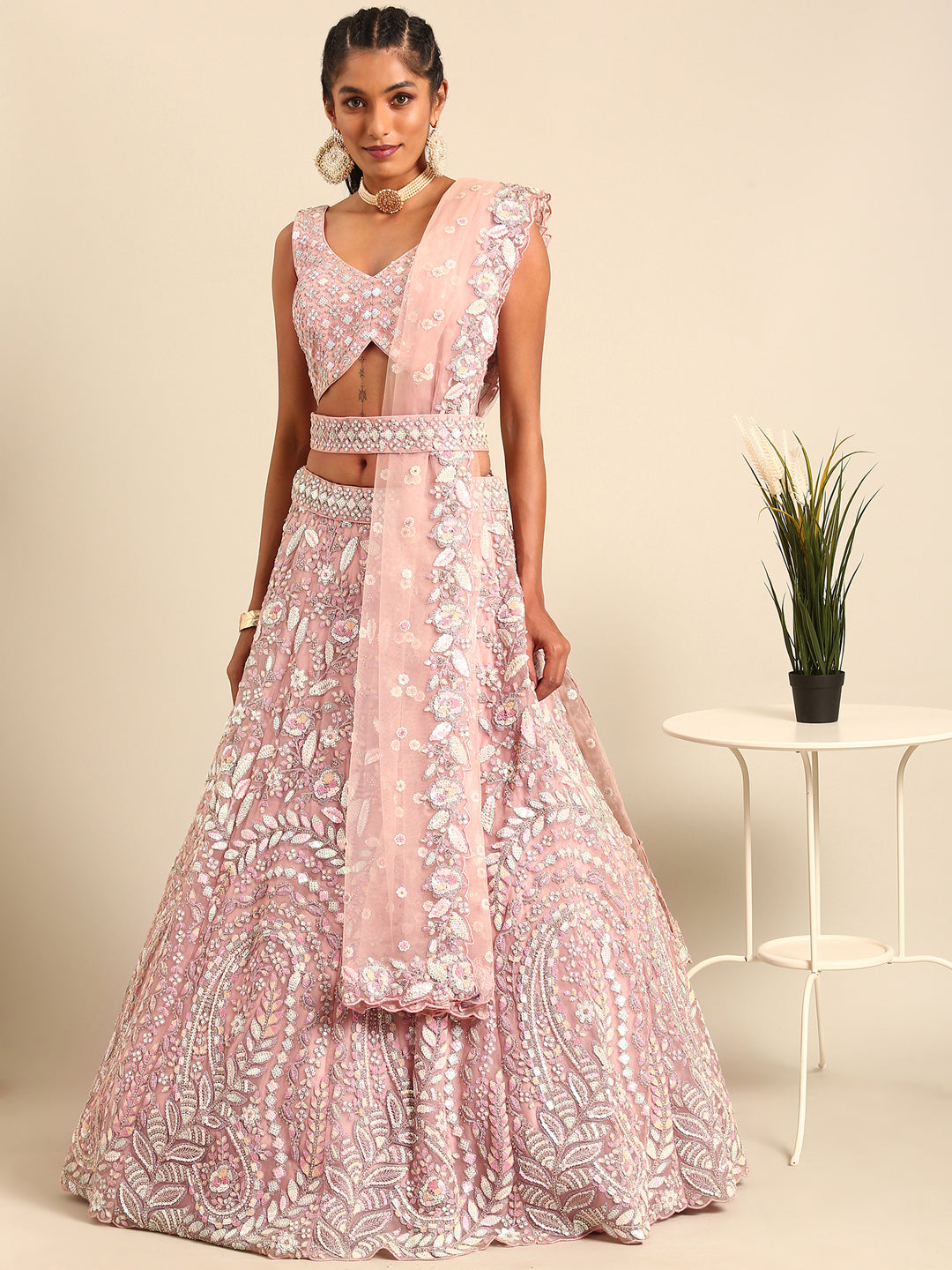 Women 's Pink Net Multi Sequins with heavy Zarkan embroidery Ready to Wear Lehenga choli & Dupatta - Royal Dwells