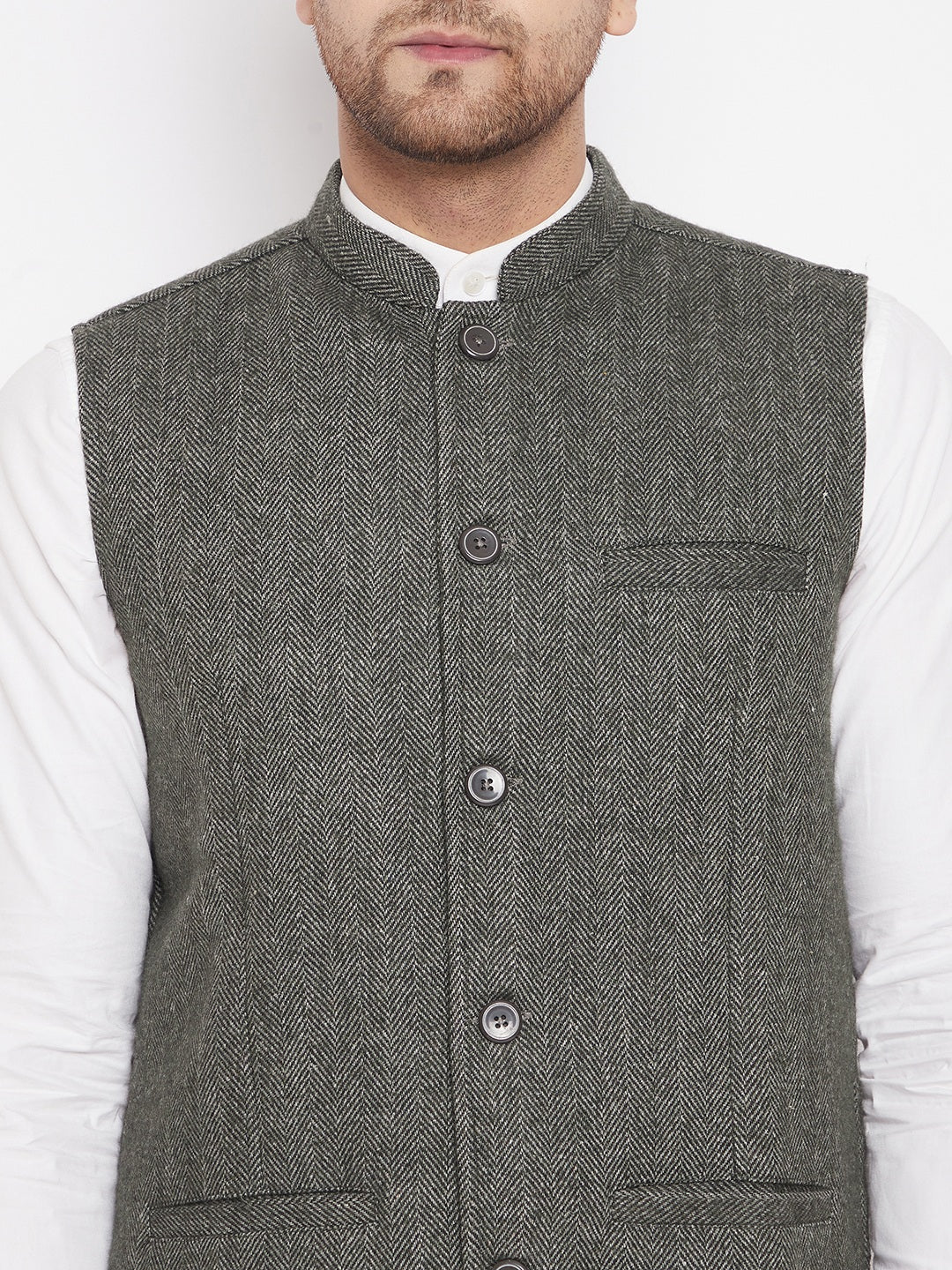 Men's Green Color Woven Nehru Jacket - Even Apparels