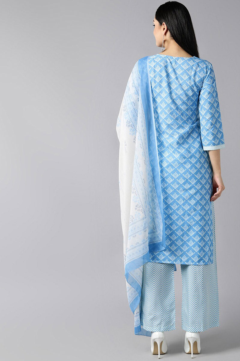 Women's Blue White Floral Printed Regular Kurta With Pants Dupatta - Ahika