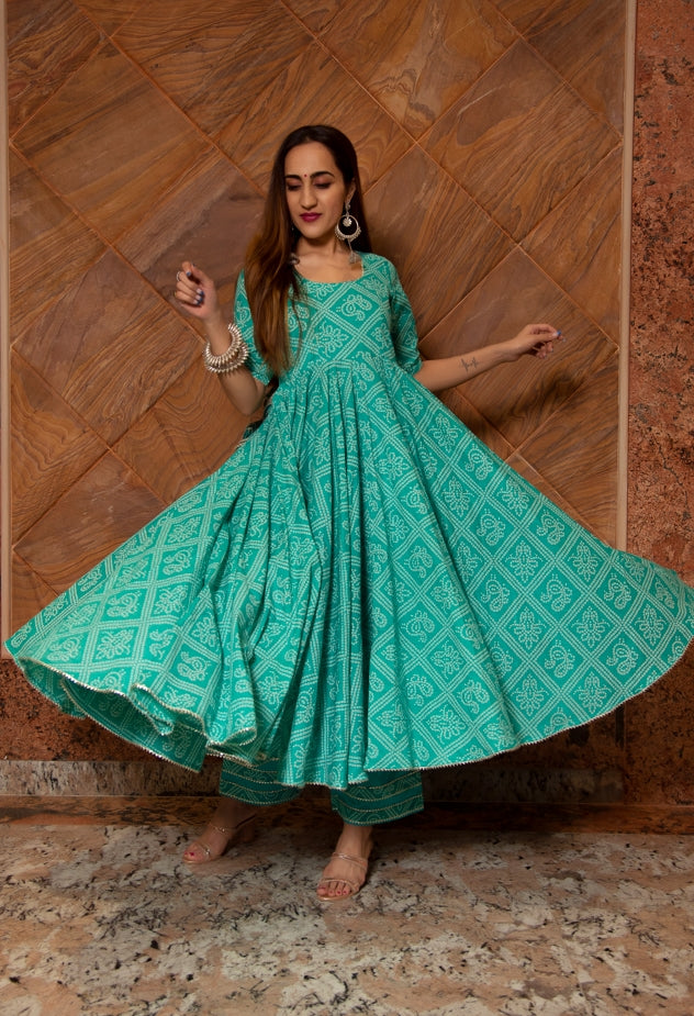 Women's Bandhej Tiffany Blue Cotton Anarkali Set - Pomcha Jaipur