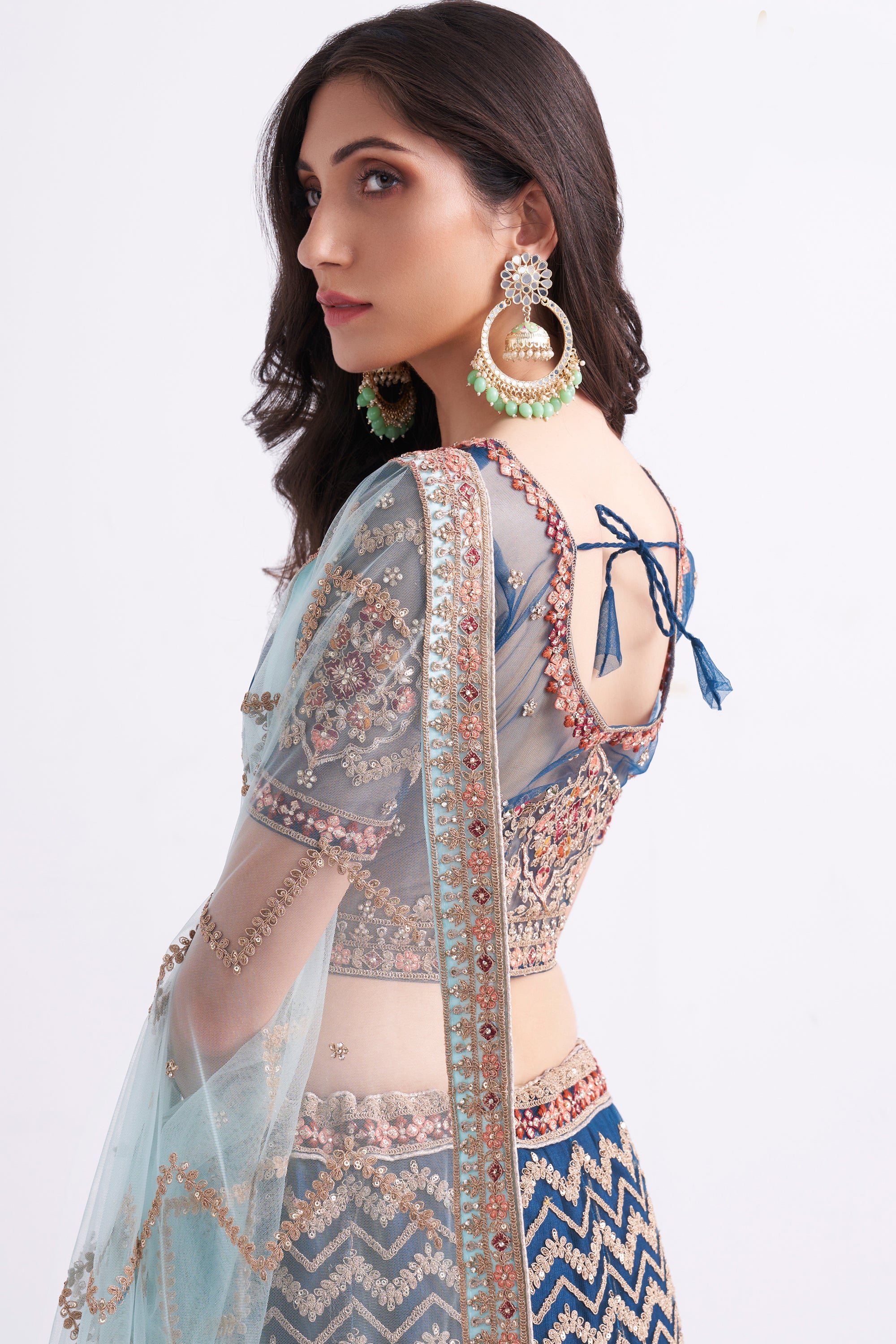 Women's Bridal Heritage Persian Blue Heavy Embroidered Net Designer Lehenga - CHITRAS