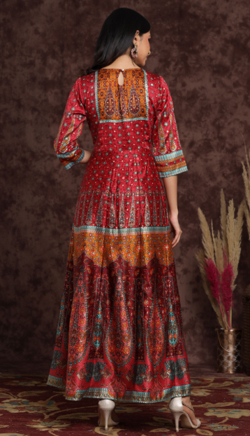 Women's Maroon Dull Satin Printed Anarkali Dress - Juniper