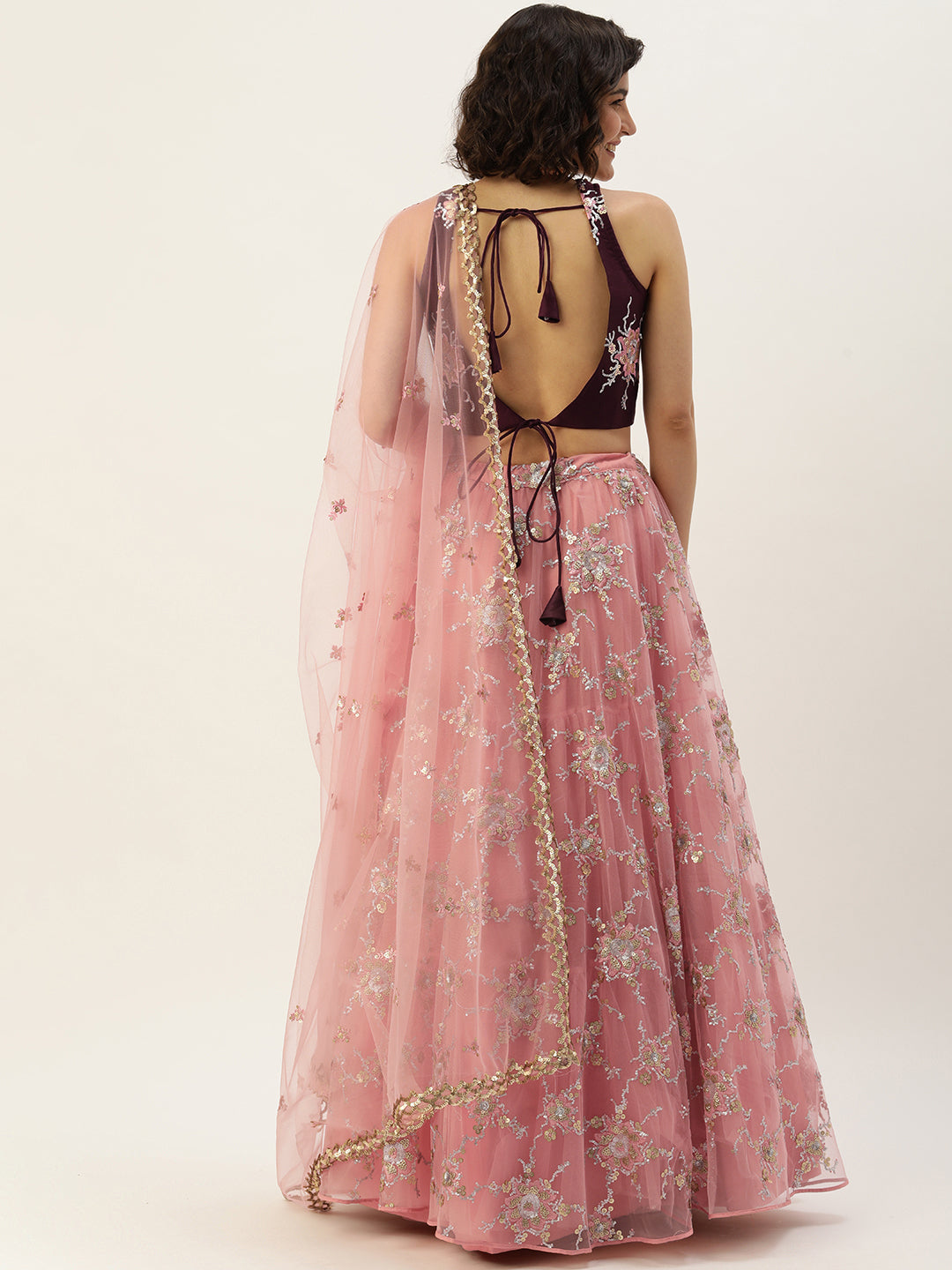 Women's Pink Net Sequince Embroideried Lehenga  Blouse With Dupatta - Royal Dwells