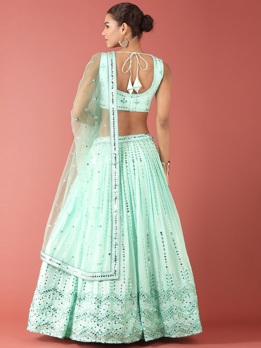 Women's Turquoise Blue Georgette Sequinse Work Fully-Stitched Lehenga & Stitched Blouse, Dupatta - Royal Dwells