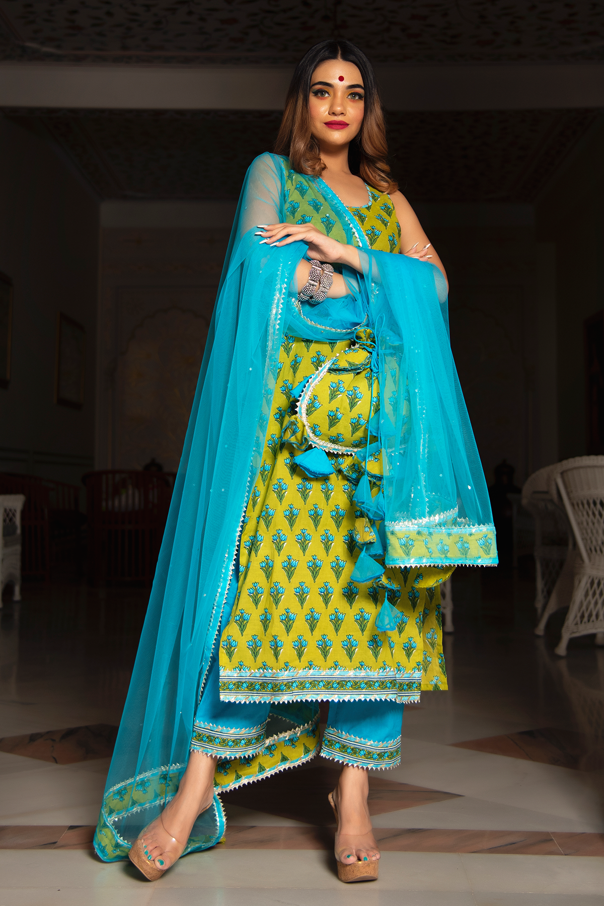 Women's gulzar blue hand block cotton suit set - Pomcha Jaipur