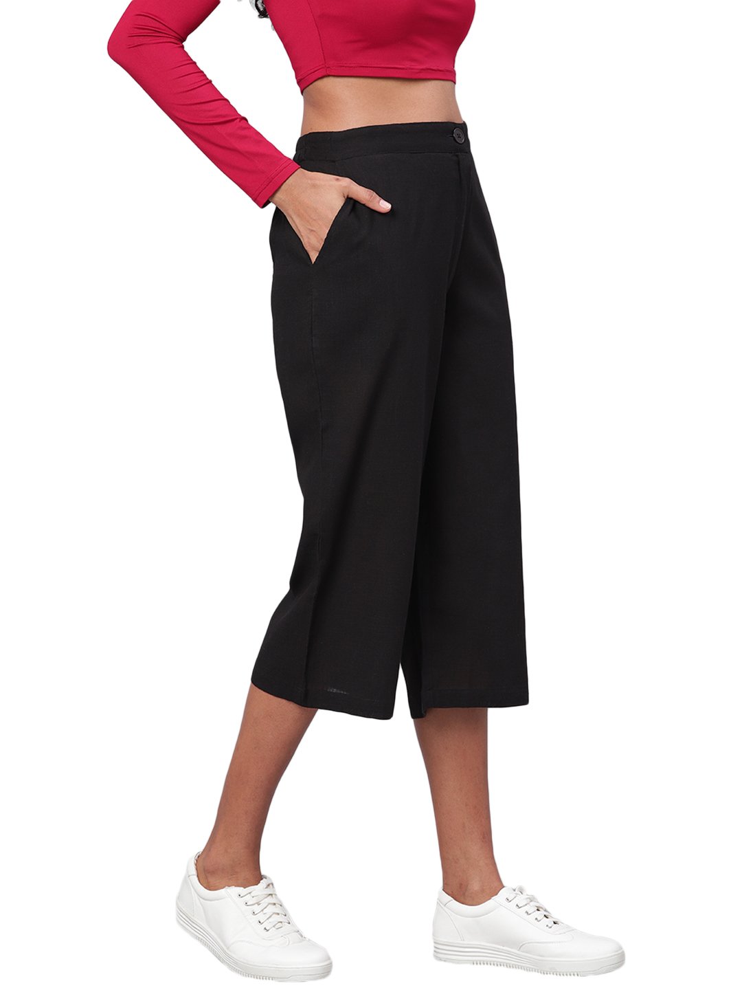 Women's Black Solid Cotton Trouser - Myshka