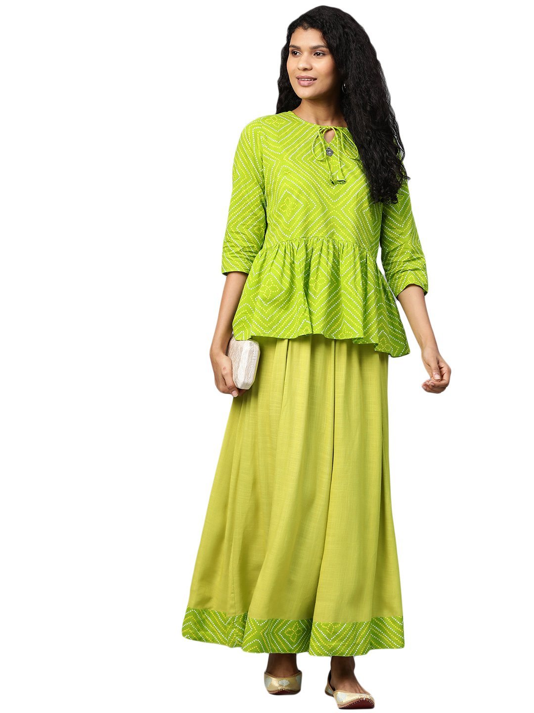 Women's Green Printed 3/4 Sleeve Cotton Round Neck Casual Kurta & Skirt Set - Myshka