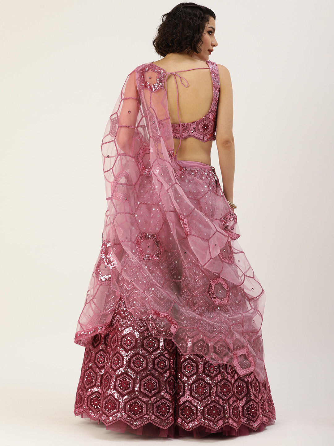 Women's Burgundy Shading Net Sequince Embroidered Lehenga & Blouse With Dupatta - Royal Dwells
