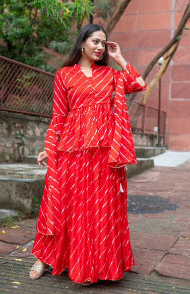 Women's Red  Upada Silk Lehenga With Bijiya And White Tassels Set - Saras The Label