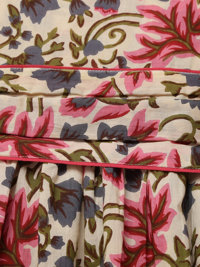 Women's Beige Printed Cowl Belt Cotton Dress