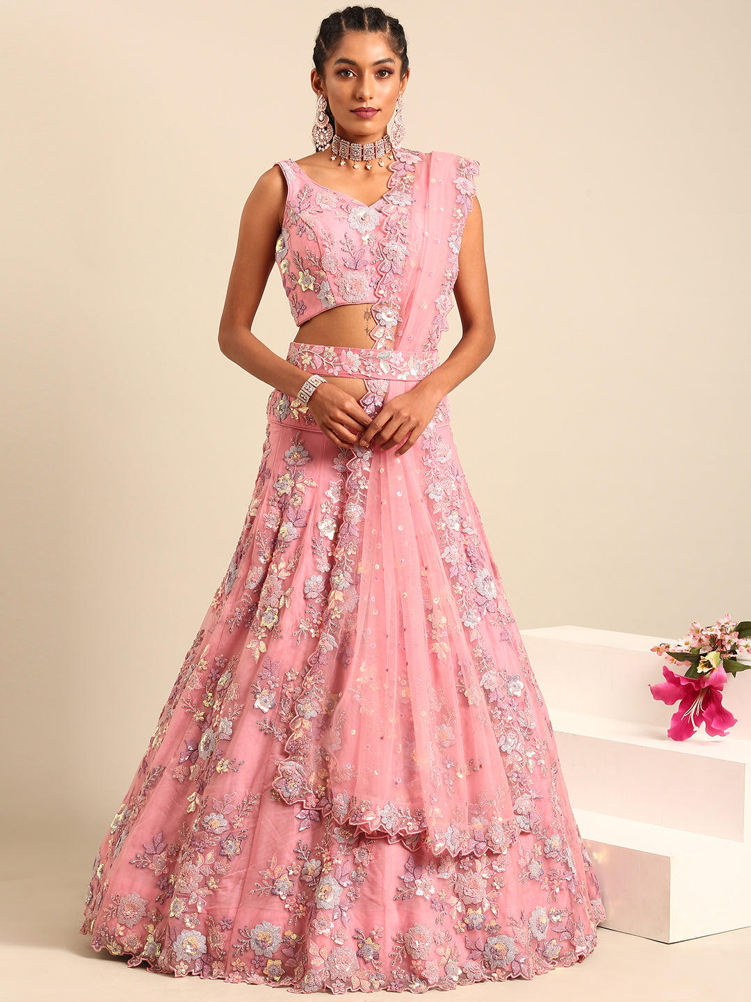 Women's Pink Net Sequins With Heavy Zarkan Embroidery Ready To Wear  Lehenga Choli & Dupatta - Royal Dwells
