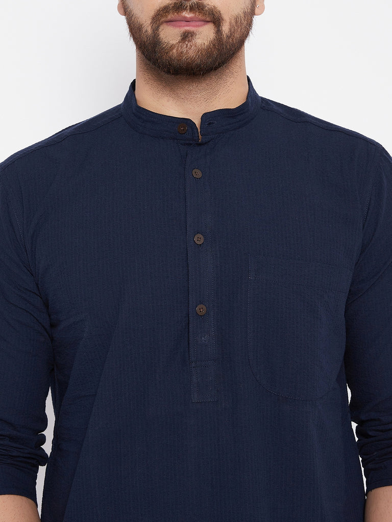 Men's Cotton Self Striped Blue Kurta