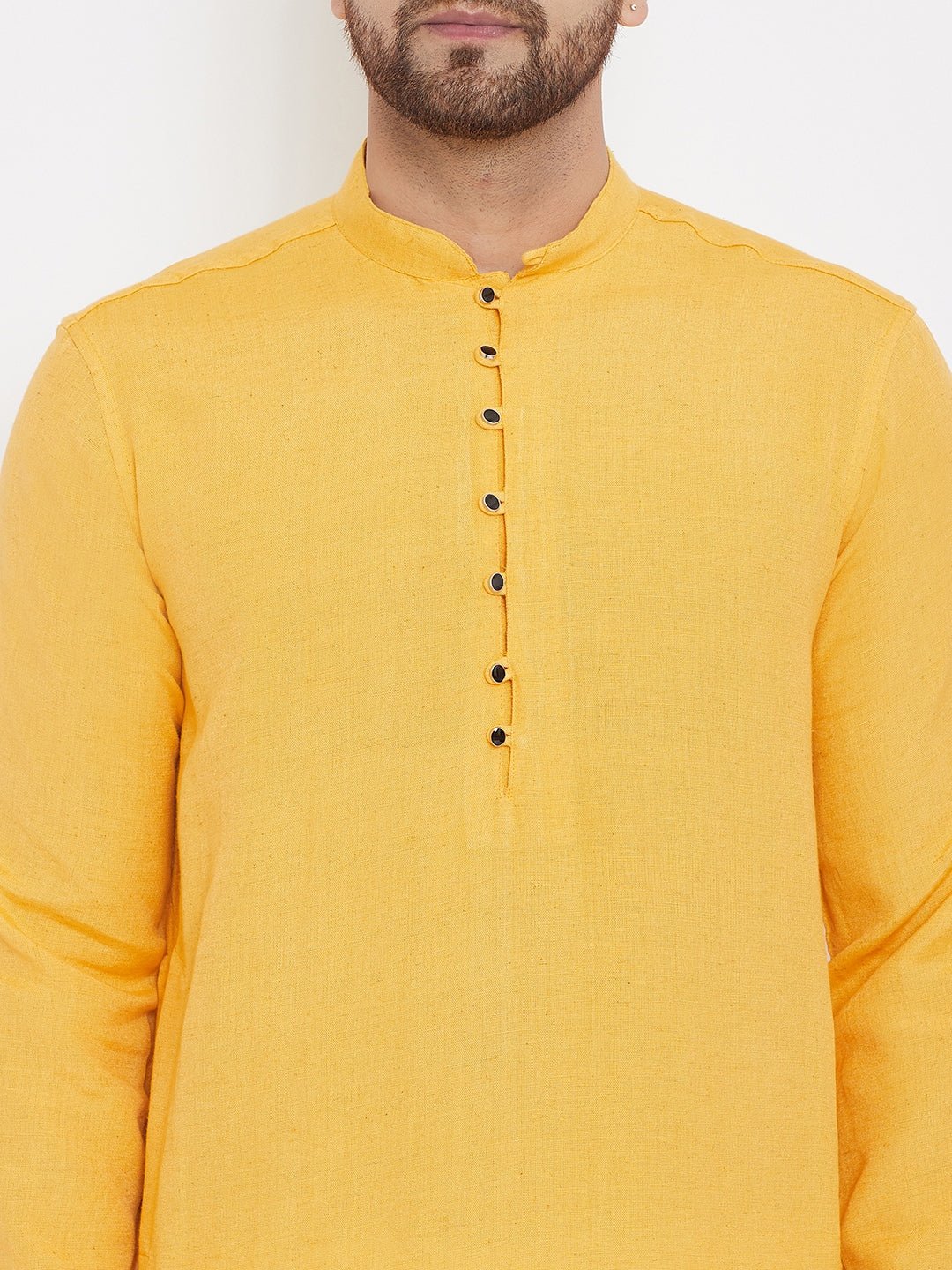 Men's Solid Yellow Placket Detail Cotton Kurta - Even Apparels