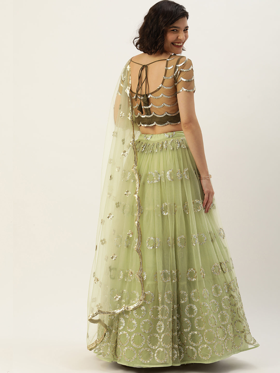 Women's Lime Green Net Embroideried Round Sequince Lehenga & Blouse With Dupatta - Royal Dwells