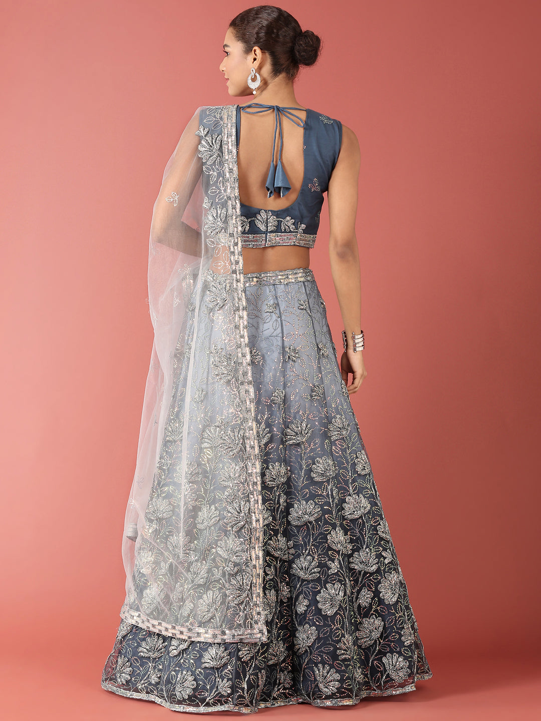 Women's Blue Net Sequinse Work Fully-Stitched Lehenga & Stitched Blouse, Dupatta - Royal Dwells