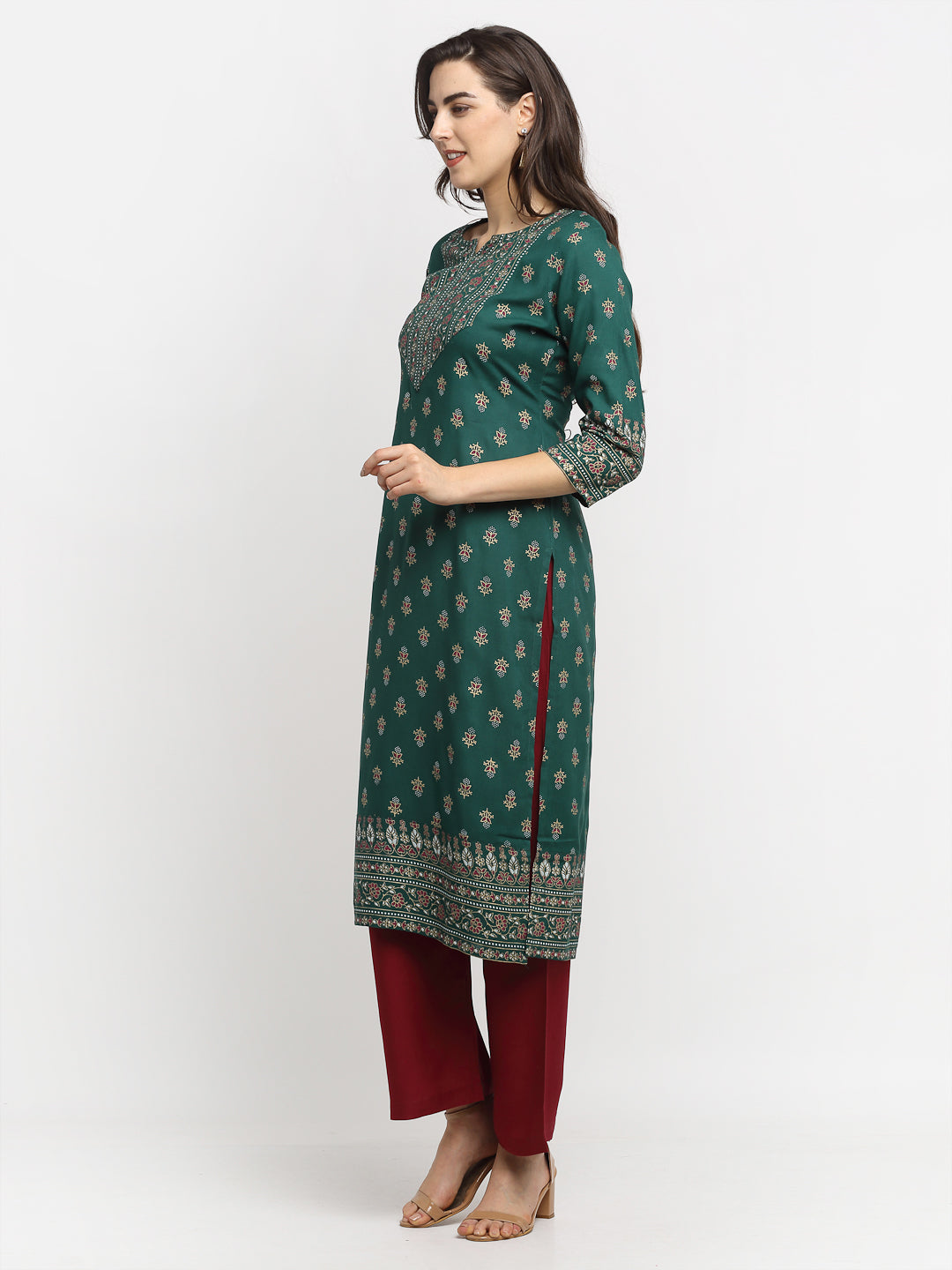 Women's Green Printed Yoke Designed Straight Kurta With Maroon Pyjamas - Rudra Bazaar