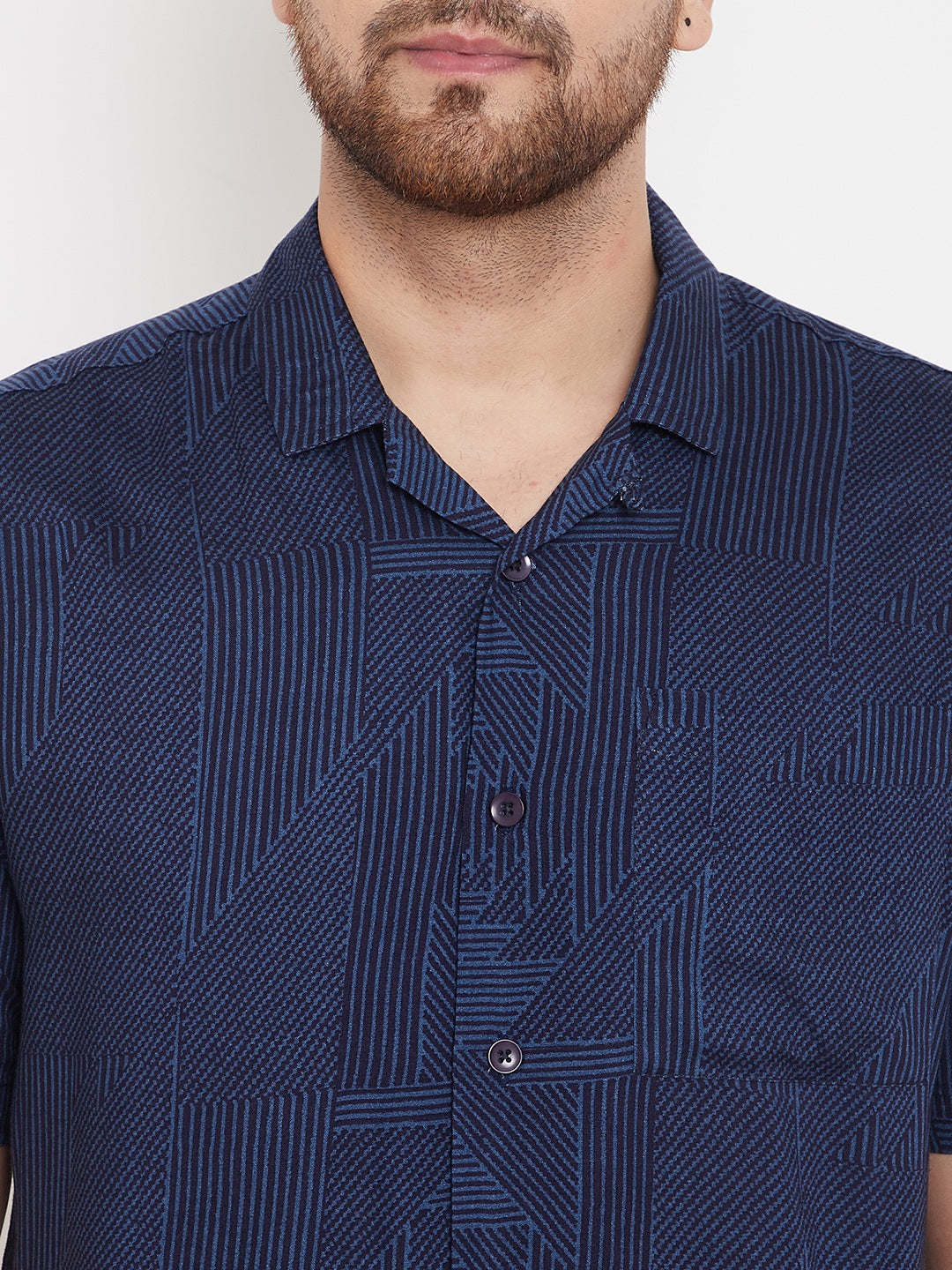 Men's Striped Navy Blue Cuban Collar Shirt