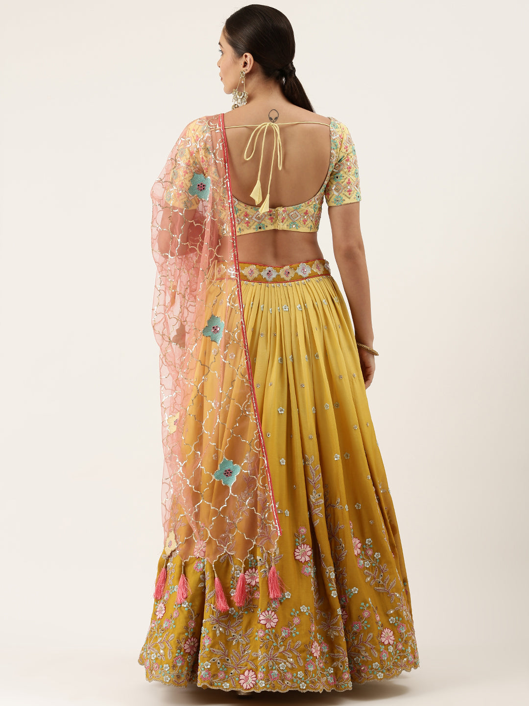 Women's Mustard Pure Georgette Sequince Work Fully Stitched Lehenga & Fully Stitched Blouse With Dupatta - Royal Dwells
