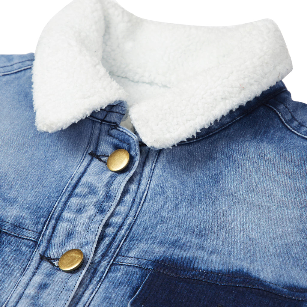 Women's Denim Jacket with Soft Warm Faux Fur Lining inside & Washed Pocket effect