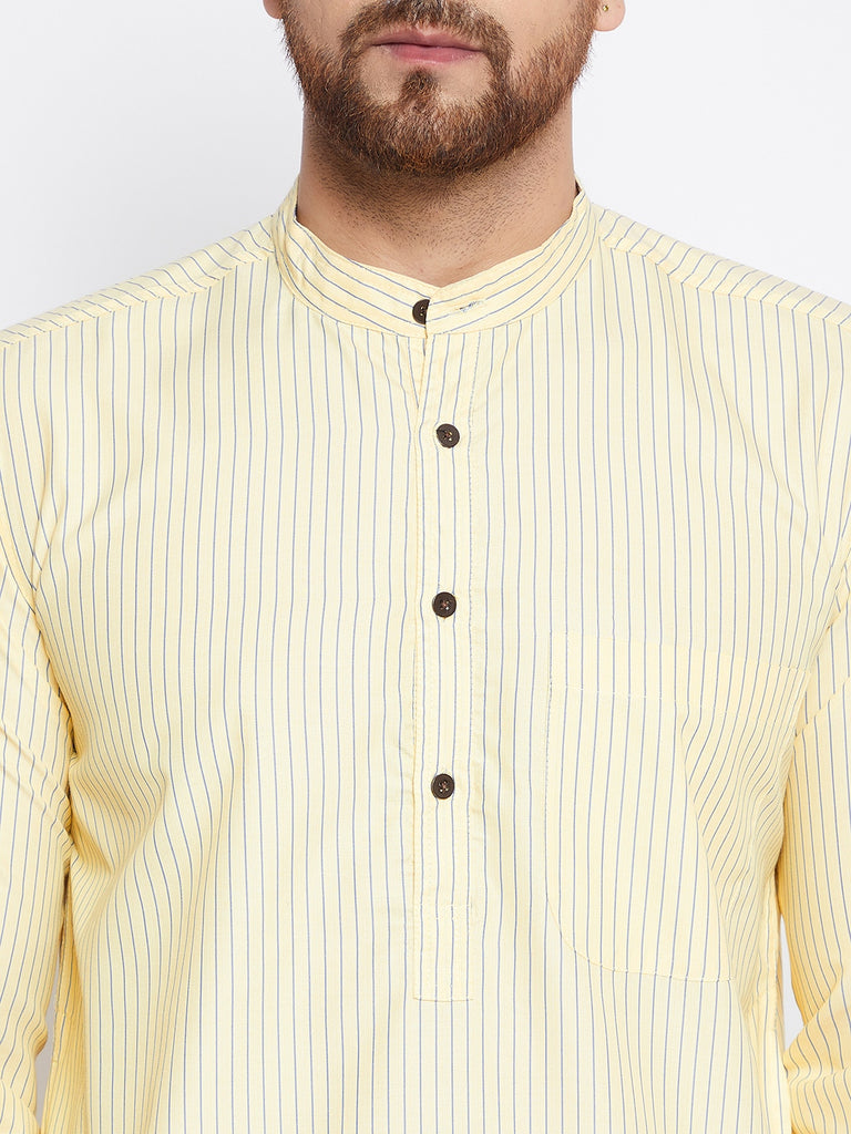 Men's Cotton Striped Yellow Kurta