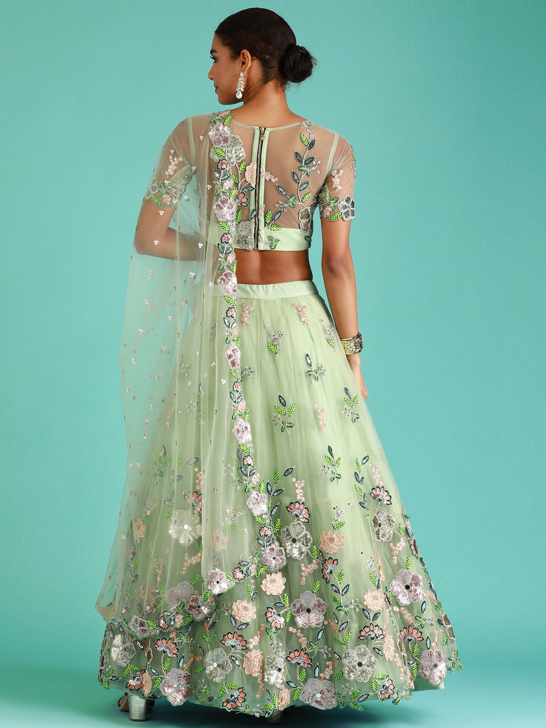 Women's Pista Net Embroidered Sequince Lehenga & Blouse With Dupatta - Royal Dwells
