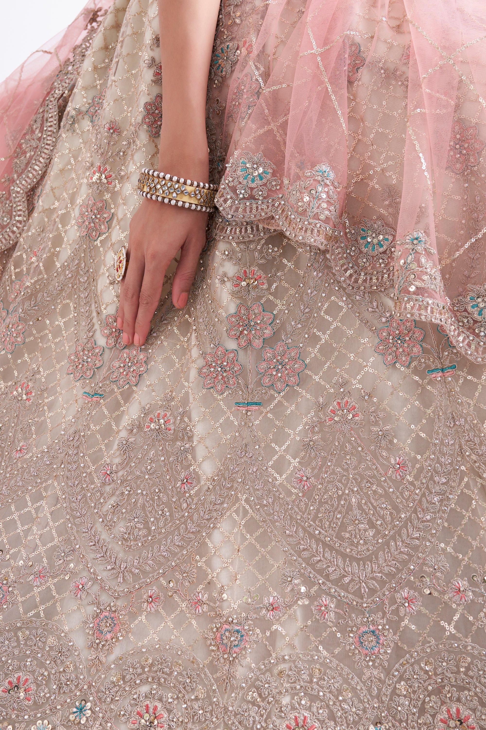 Women's Bridal Heritage Off White Heavy Embroidered Net Designer Lehenga - CHITRAS