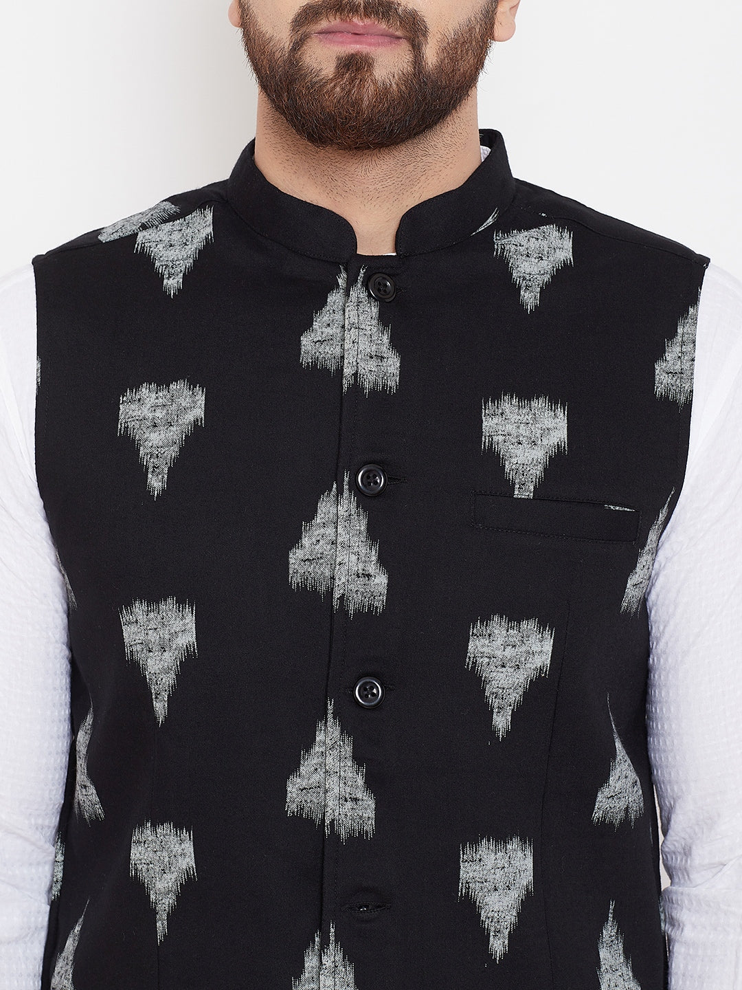 Men's Black Geometric Print Nehru Jacket  - Even Apparels