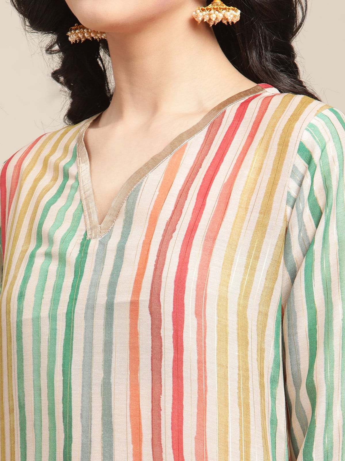 Women's Multicolored Striped V Neck A-Line Kurta With Shimmer Taping - Varanga