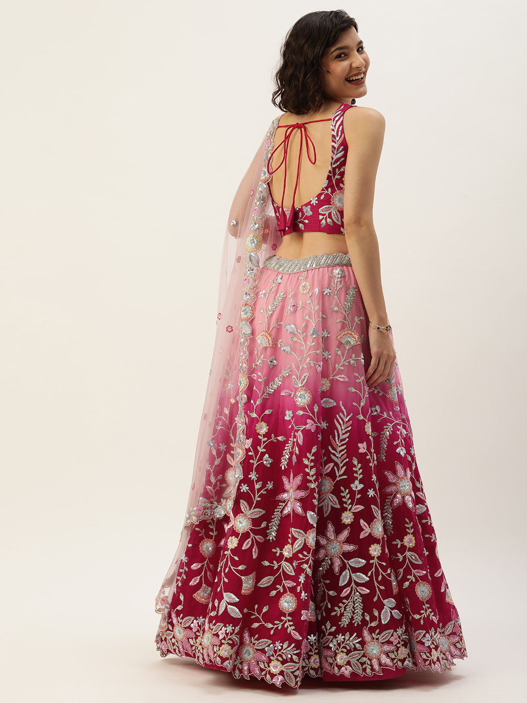Women's Rose - Shaded Net Sequins Embroidered Stitched Lehenga - Royal Dwells