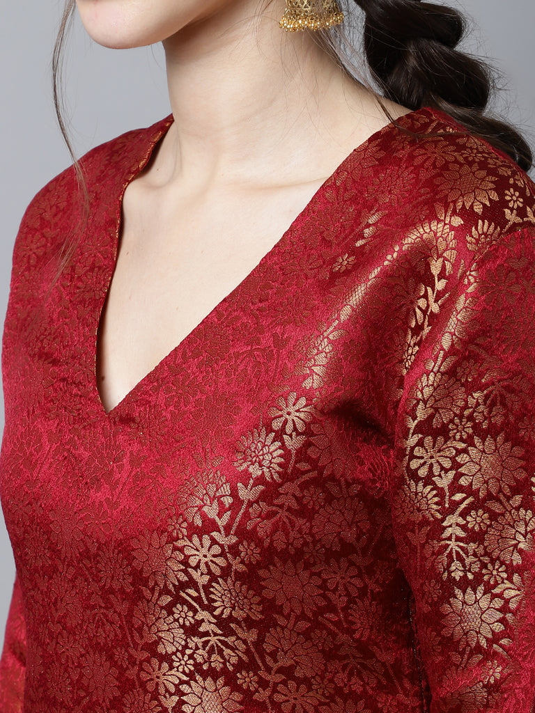 Women's Maroon Brocade Straight Kurti With Straight Pants