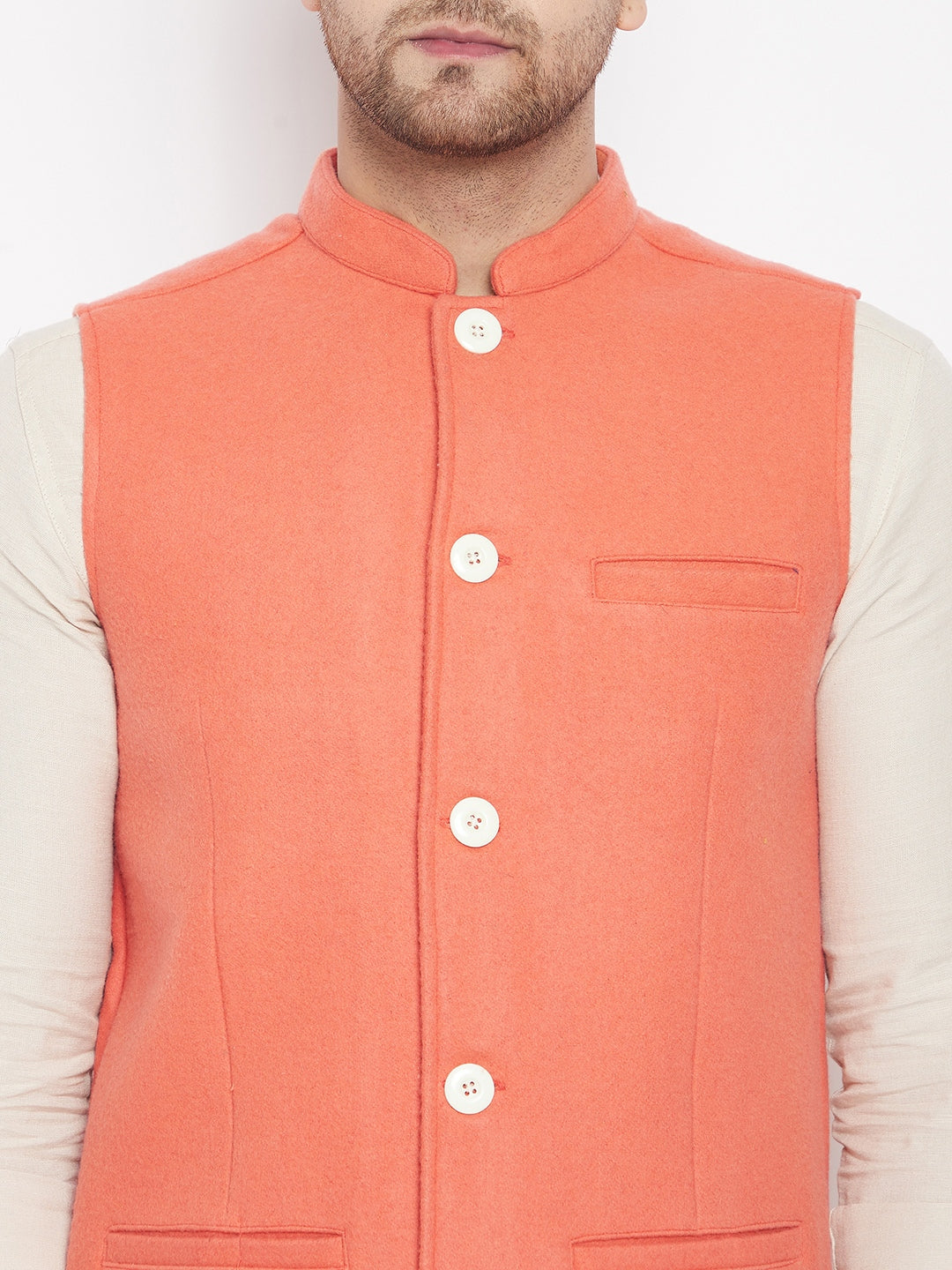 Men's Orange Color Woven Nehru Jacket - Even Apparels