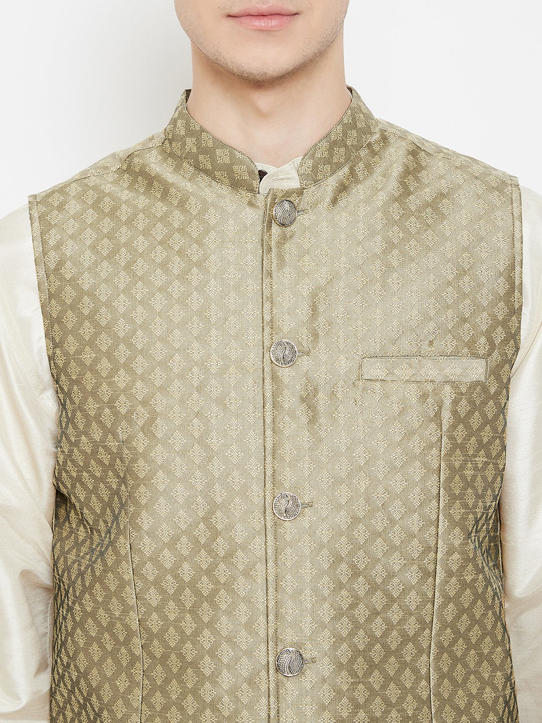 Men's Jacquard Beige Silk Nehru Jacket
