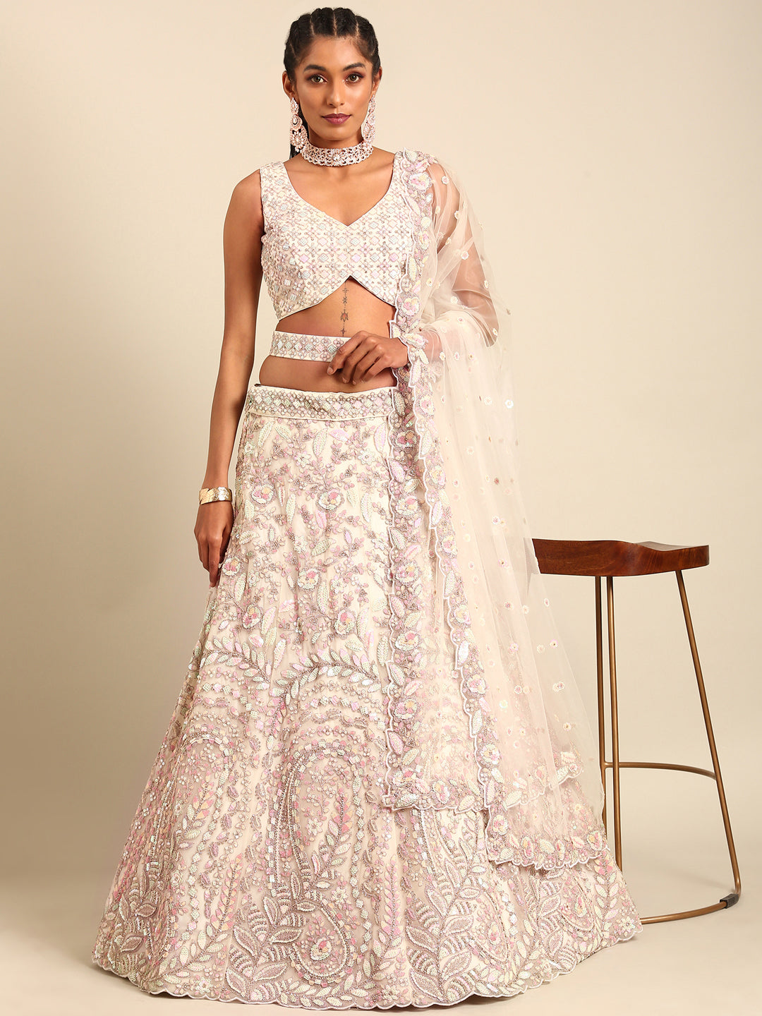 Women 's Cream Net Multi Sequins with heavy Zarkan embroidery Ready to Wear Lehenga choli & Dupatta - Royal Dwells