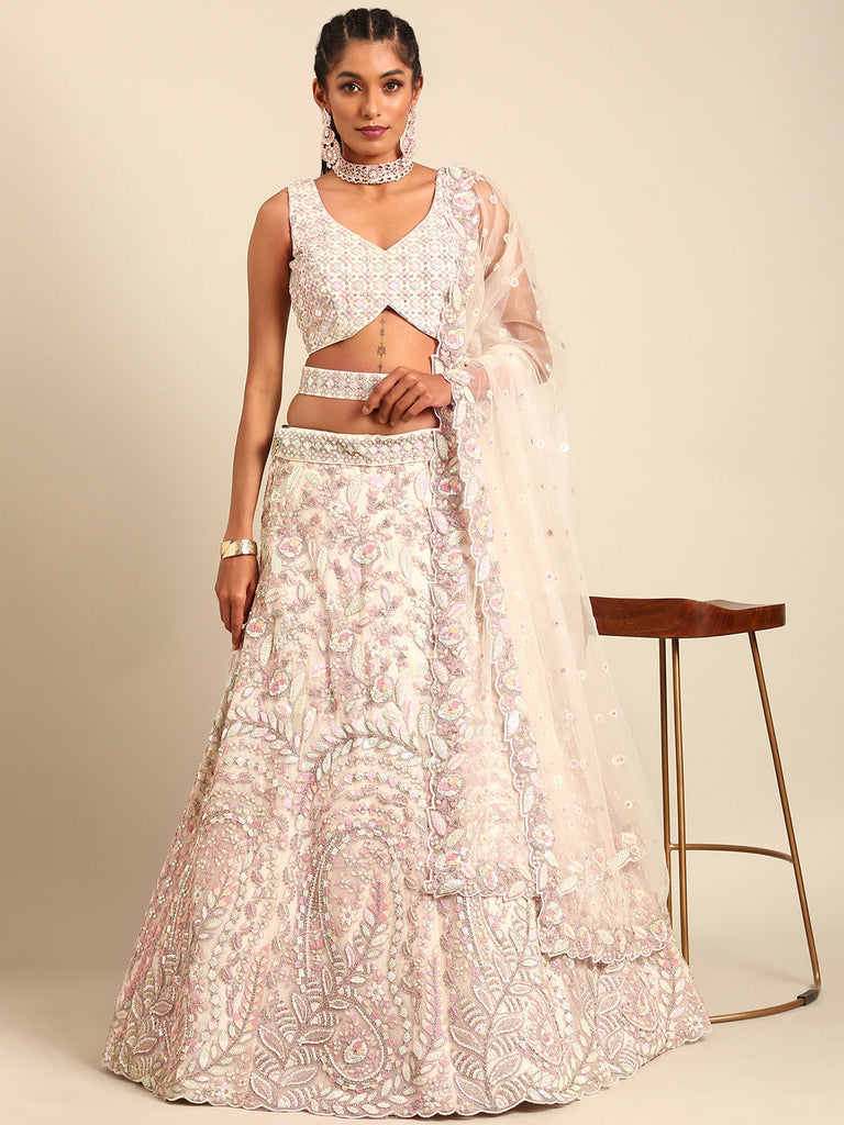 Women 's Cream Net Multi Sequins with heavy Zarkan embroidery Ready to Wear Lehenga choli & Dupatta
